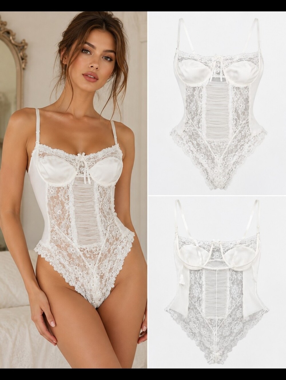 Vintage 1980s Juliara Lace Teddy Bodysuit White Floral Lingerie Made USA M